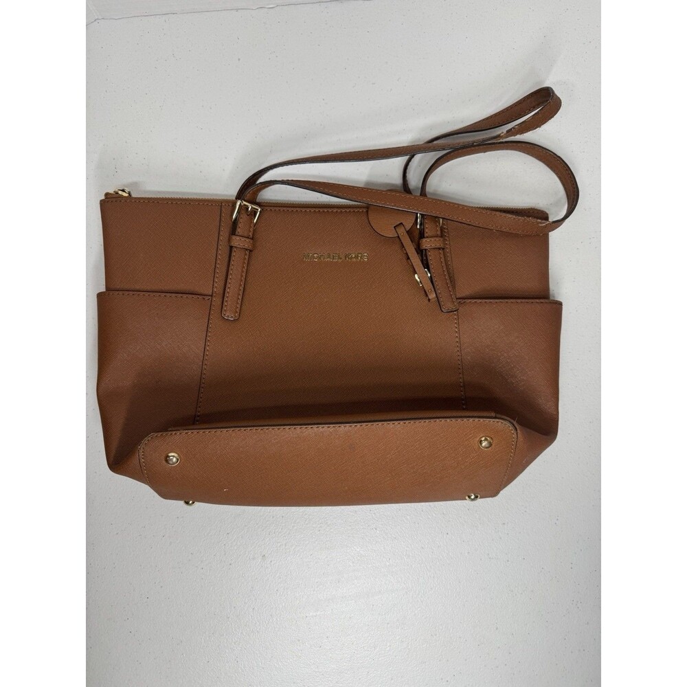 Michael Kors Brown Saffiano Medium Tote Zip Top Gold Hardware Charm Pockets